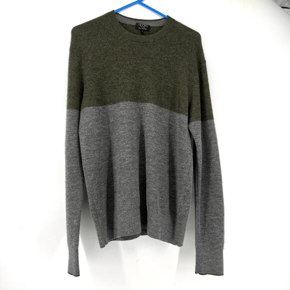 Rag & Bone Olive Green Gray Cashmere Sweater (M) Crew Neck Colorblock - Picture 2 of 5